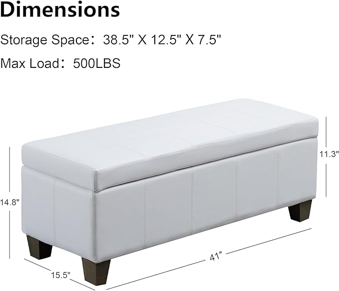 41" Storage Ottoman, Storage Bench with Safety Hinge, Upholstered Synthetic Leather Ottoman Bench for Bedroom, Living Room, Entryway, Hallway, Foot Rest, Support 500lbs