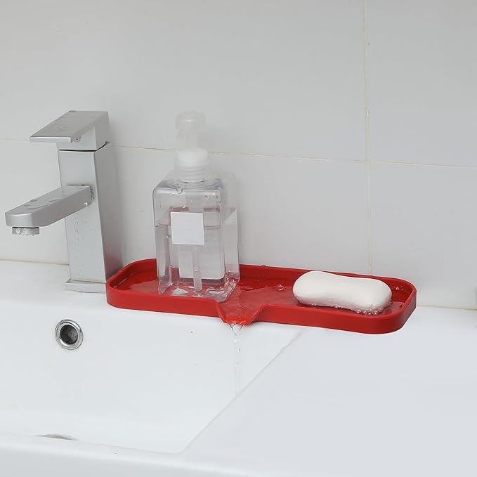 MicoYang Silicone Soap Dish with Drain Spout — Self-Draining Double Sink Organizer Tray for Kitchen & Bathroom, Dispensers, Sponges & Soap Holder, Non-Slip & Dishwasher Safe, Red (Large, 12"×4")