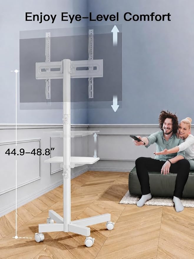 PERLESMITH Rolling White TV Stand for 23–65 Inch TVs up to 99 lbs, Portable TV Stand on Wheels with Height Adjustable Shelf, Outdoor Mobile White TV Cart for Bedroom, Max VESA 400x400mm, PSTVMC04W