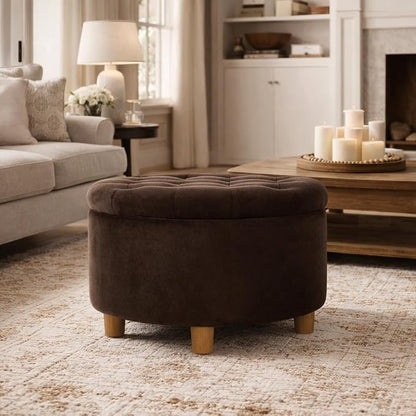 Homepop Home Decor | Button Tufted Velvet Round Storage Ottoman | Ottoman with Storage for Living Room & Bedroom, Chocolate Brown Velvet
