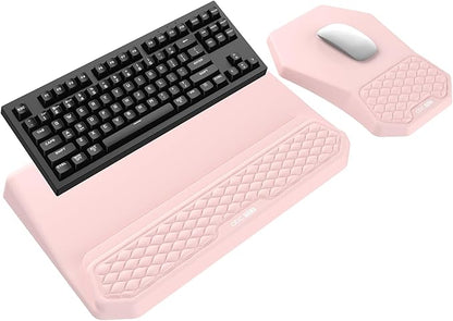 3-in-1 Ergonomic Keyboard Stand with Wrist Rest & Mouse Pad Set, Comfy Keyboard Riser Holder Soft Mousepad with Massage Design, Memory Foam and Non-Slip PU Base for Pain Relief, Pink