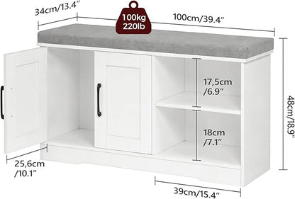 Storage Bench, 39.4" Wide Shoe Bench with Padded Seat Cushion, Entryway Bench with 2 Doors and Adjustable Shelf, End of Bed Bench, for Hallway, Bedroom, White and Gray BSWT1201