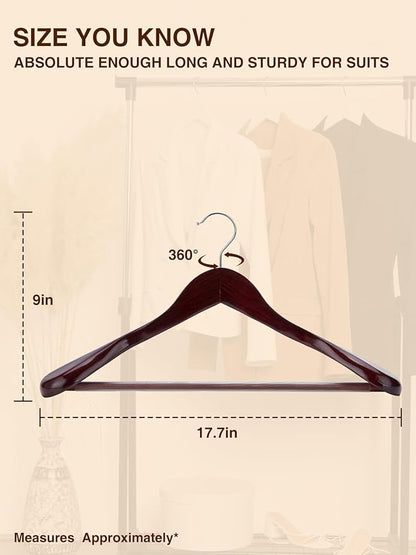 SMARTOR Suit Hangers for Men 8 Pack, Wide Shoulder Wooden Suit Hangers with Non Slip Pant Holder, Wide Hanger for Suit, Coat, Jacket, Gown, Heavy Duty Wood Suit Hanger, Cherry