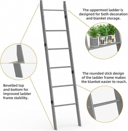 BAMBANG 6-Tier Blanket Ladder for Living Room, Blanket Quilt Ladder Rack Rustic Decorative Towel Holder, Wall Leaning Blanket Ladder Shelf Storage Farmhouse Decor for Bedroom Bathroom, Gray
