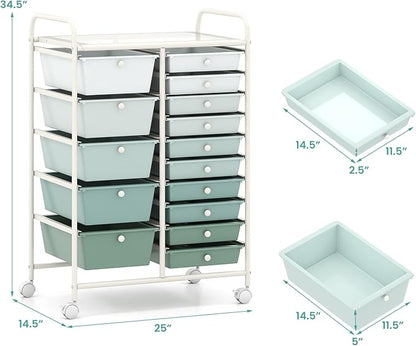 Giantex 15 Drawers Rolling Cart, Classroom Organizers, Storage Cart with Wheels, for Teacher Office Home School Supplies Tool Craft Art Paper, Green Gradient