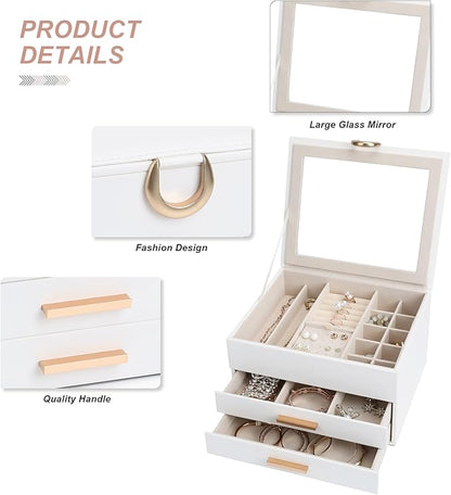 Elegant Jewelry Storage Box with Mirror 3-Tier Design with Smooth-Gliding Drawers Jewelry Organizer Perfect Christmas Birthday Gift for Wife Mom Women White