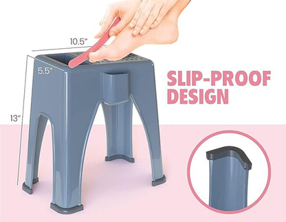 Skywin Extra Tall Shower Foot Rest with 3 Pockets to Hold Shaving Essentials 10 x 7.8 x 13 Inches - Extra Heighted Plastic Pedicure Foot Rest - Shower Stool for Shaving Legs (Grey)