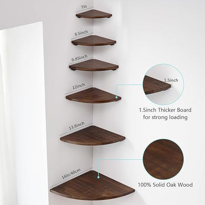 Conamily Corner Shelf, Solid Oak Wood Floating Corner Shelf Wall Mount Round End Floating Speaker with Wire Hole for Small Plant Photo for Bedroom Kitchen, Living Room Walnut