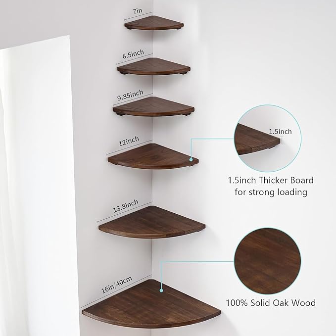 Conamily Corner Shelf,16inch Walnut Solid Wood Floating Corner Shelves Wall Mount Round End Floating Speaker Rack with Wire Hole for Small Plant for Bedroom Kitchen, Living Room