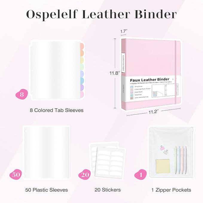 Ospelelf Leather Binder with 58 Plastic Sleeves, 3 Ring Presentation Binder for 8.5x11, Portfolio Organizer with 8 Tabbed Sleeves & Zipper Pocket for Documeents, Artwork, Certificates Pink