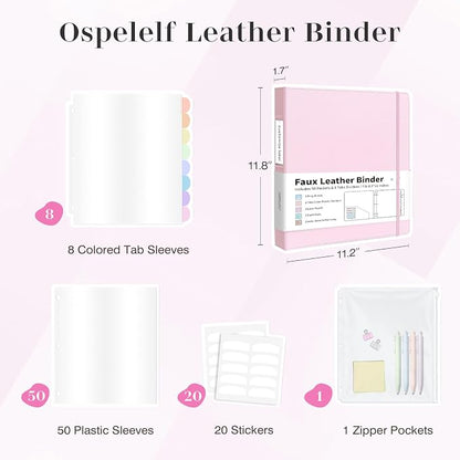 Ospelelf Leather Binder with 58 Plastic Sleeves, 3 Ring Presentation Binder for 8.5x11, Portfolio Organizer with 8 Tabbed Sleeves & Zipper Pocket for Documeents, Artwork, Certificates Pink