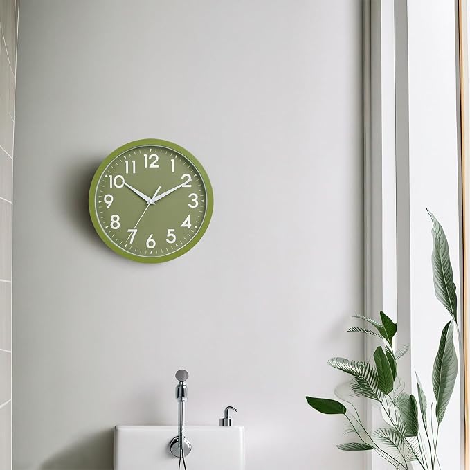 DAXSMY Wall Clock Analog 10 Inch Simple Silent Non Ticking Battery Operated Modern Decorative for Kitchen Office Bedroom Bathroom Living Room(Olive Green)