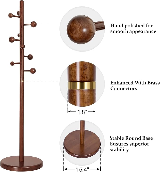 Coat Rack Stand Solid Wooden Coat Tree with 9 Cute Ball Hooks, 72.4" Heavy Duty Coat Rack Freestanding with Round Base, Rubberwood Coat Hanger Stand for Hallway, Entryway Bedroom (Walnut)