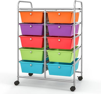 Giantex 10 Drawers Rolling Cart, Classroom Organizers, Storage Cart with Wheels, for Teacher Office Home School Supplies Tool Craft Art Paper, Rainbow Color