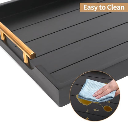 SXNOWS Coffee Table Trays - Large Ottoman Tray for Living Room -Wood Serving Tray with 2 Sets of Handles - Wooden Tray for Coffee Table, 4 Round Coasters Included, Black