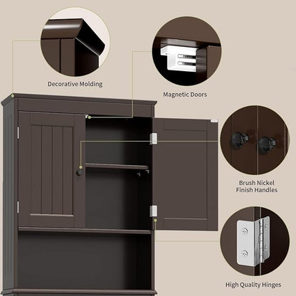Gizoon Over the Toilet Storage Cabinet with Adjustable Shelf and Double Doors, Bathroom Space Saver Organizer Above Toilet with Open Shelf, Taller Wooden Free Standing Toilet Rack -Espresso