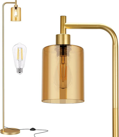 Floor Lamps for Living Room - Gold Standing Lamp with Amber Glass Shade, Modern Floor Lamp with LED Bulbs, Bright Industrial Floor Lamp for Bedroom, Farmhouse Tall Lamp for Office