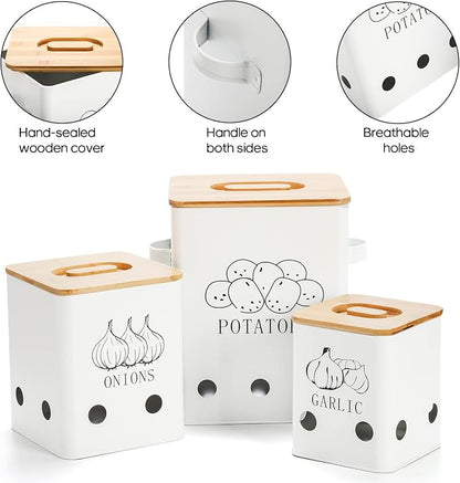 WUWEOT 3 Pack Vegetable Storage Tins, Metal Onion Garlic Potato Jars Set, Kitchen Canisters Vegetable Keeper Containers with Aerating Holes and Wooden Lid