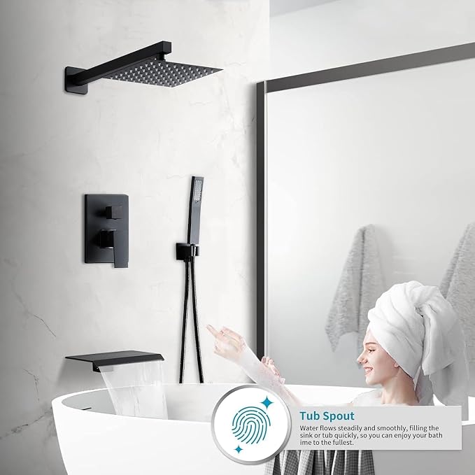 Matte Black Shower Faucet 12 Inch Set with Tub Spout, Shower Head and Handle with 2 Hooks Rain System Square Wall Mount for Bathroom