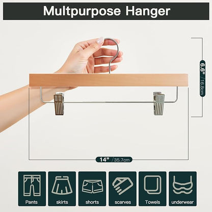 Skirt Hangers 20 Pack Wooden Pants Hangers,Smooth Solid Wood Skirt Hangers,360 Swivel Hooks & Adjustable Clips,for Jeans,Trouser,Shorts,Scarf.(Natural)