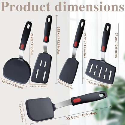 Silicone Spatula Set Turner, 5-Pack Spatulas for Nonstick Cookware, 600°F Heat Resistant Kitchen Cooking Utensils Set for Egg, Pancake Fish Sticky Baking Dishwasher Safe