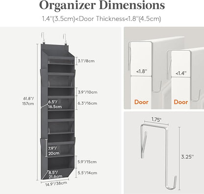 Lifewit 1 Pack Over the Door Organizer, 6 Section Clear Window Hanging Storage with 4 Side Pockets, Sturdy Anti Tilt 40 lbs Load Behind Door for Closet, Bedroom, Bathroom, Nursery, Dorm, Dark Gray
