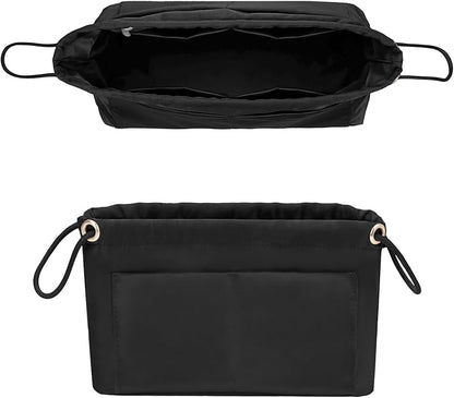 GIVLEFLY Purse Organizer Insert with Multiple Pockets, Drawstring Satin Tote Bag Organizer, Light Weight Purse Liner with Zipper Pocket Fit for Longchamp Large,Neverful and More (Black,Extra Large)