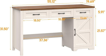 Vabches Farmhouse 55" Executive Desk,Computer Desk with 3 Drawers and Storage Cabinet,Home Office Desk for Work and Study