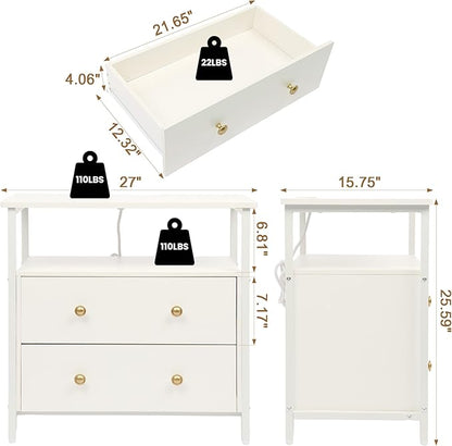 27 inch Wide Night Stand with Charging Station, Bedside Table with Open Shelf, 2 Drawers Small Wood Dresser, Modern Wood Nightstand for Bedroom/Living Room (White)