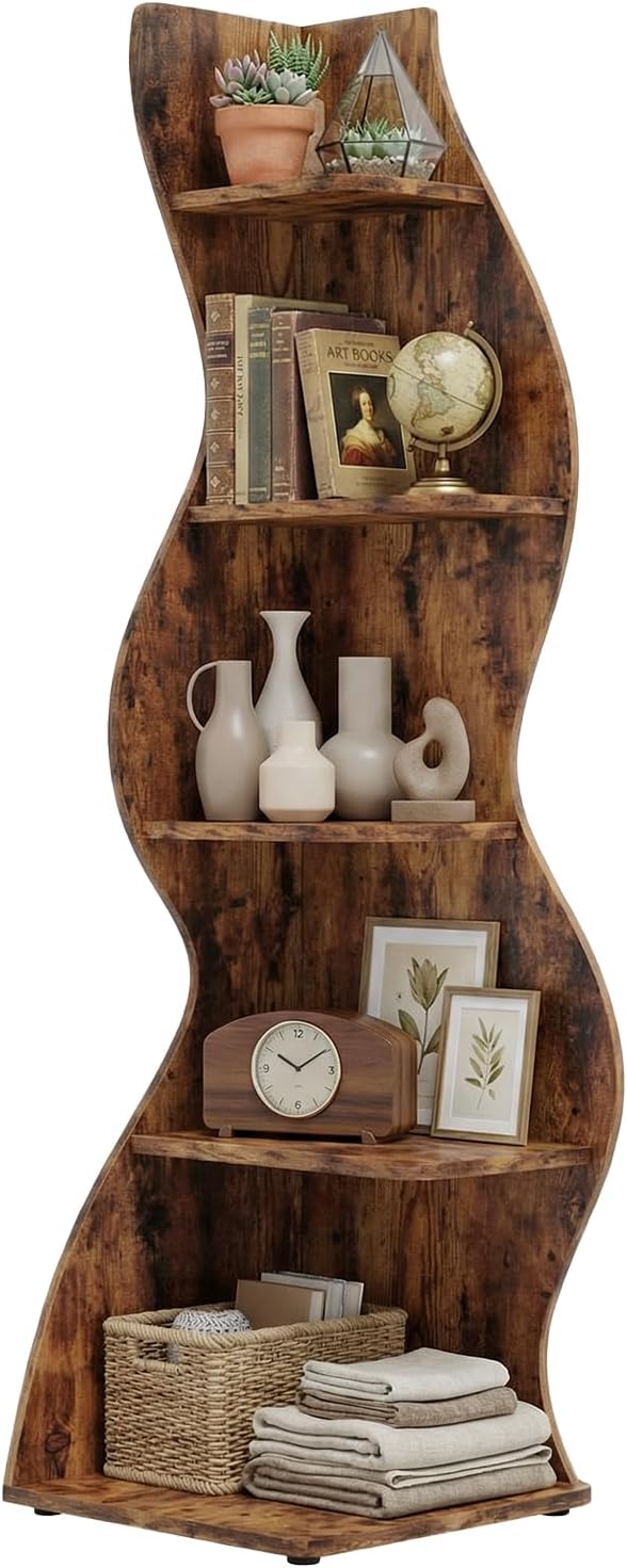 Arvolia 70 Inch Corner Bookshelf, Modern 5-Tier Small Bookshelf with Unique Curved Design, Freestanding Vertical Storage Shelf for Living Room, Bedroom or Home Office (Brown Modern)