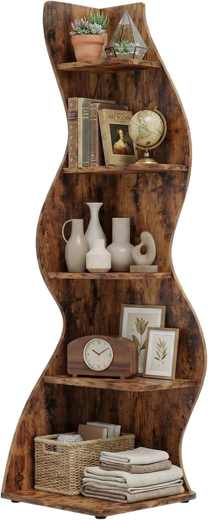 Arvolia 70 Inch Corner Bookshelf, Modern 5-Tier Small Bookshelf with Unique Curved Design, Freestanding Vertical Storage Shelf for Living Room, Bedroom or Home Office (Brown Modern)