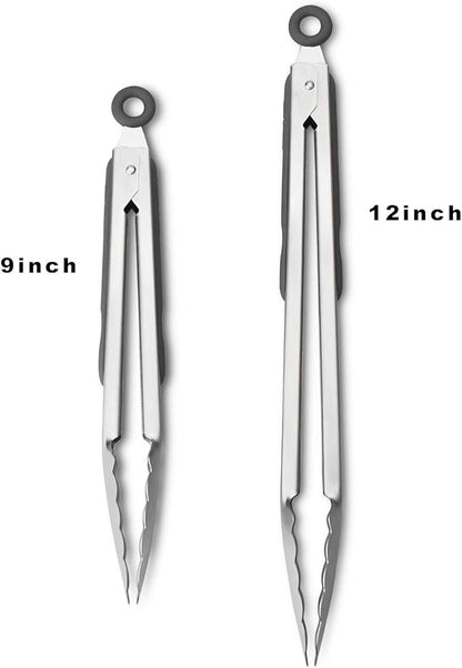 Premium 304 Stainless Steel Tongs Set – 12" Grill Tongs & 9" Cooking Tongs, Heat Resistant up to 600°F, Wavy Grip Head, Non‑Slip Handle with Locking Clip & Hanging Loop, Dishwasher Safe, Grey