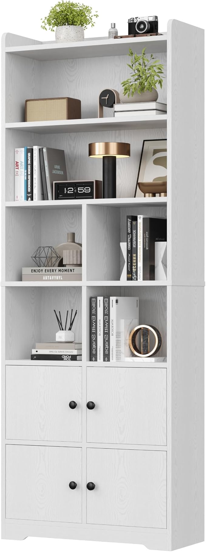 IRONCK Bookshelves and Bookcases with 4 Doors, 6-Tier Bookshelf with Storage Shelves 74.6 in Tall Bookcase for Home Office, Living Room, Bedroom, White
