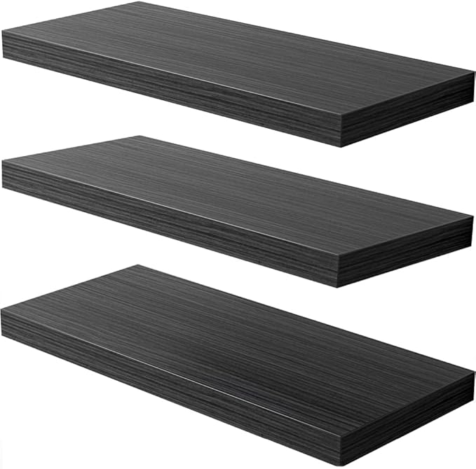 JPND Floating Shelf, Set of 3 Wall Shelf, 24 in W x 12.75 in D x 2 in H Wooden Floating Wall Shelf with Invisible Brackets for Living Room/Bedroom/Bathroom/Kitchen Storage and Decor, Black Wood