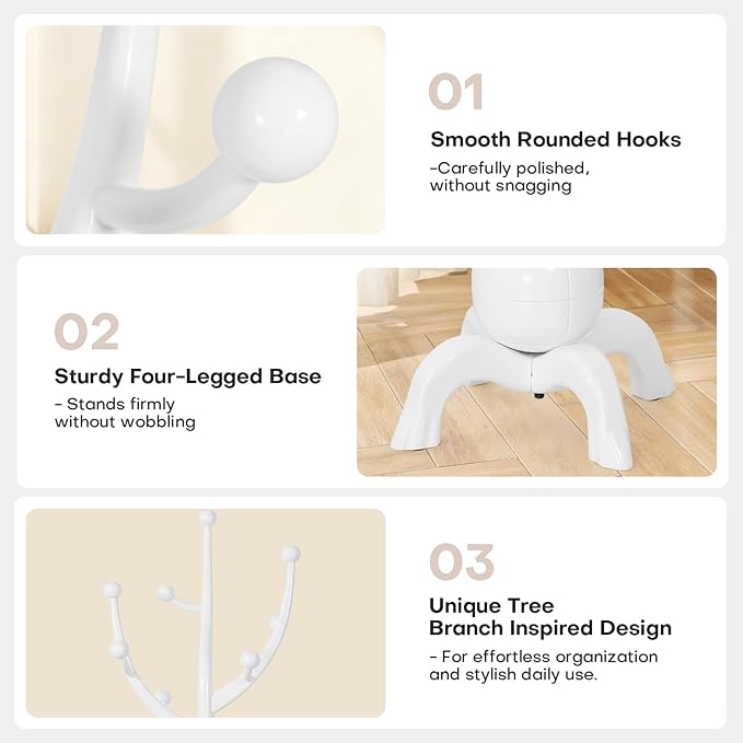 Wooden Coat Rack Freestanding with 8 Hooks, Heavy Duty Coat Hanger Stand with Stable Base, Vintage Coat Tree Standing Coat Racks for Entryway, Hallway, Bedroom (White)