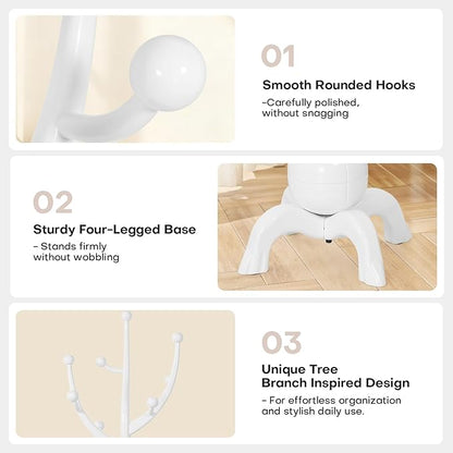 Wooden Coat Rack Freestanding with 8 Hooks, Heavy Duty Coat Hanger Stand with Stable Base, Vintage Coat Tree Standing Coat Racks for Entryway, Hallway, Bedroom (White)