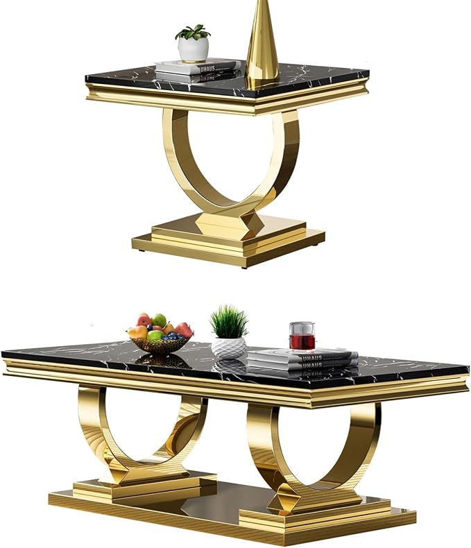 2 Piece Living Room Table Set Include 1 Faux Marble Coffee Table & 1 End Table, Modern Black Gold Coffee Table Set of 2 with Double O Shape Stainless Steel Pedestal Base