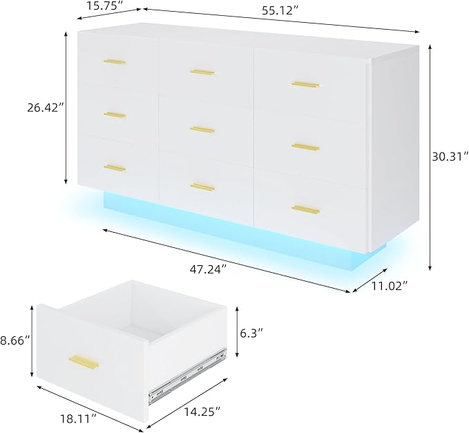 9 Drawer Dresser for Bedroom, 55'' W Highly Reflective Modern Chest of Drawers with LED Light, Wooden Dresser Organizer Cabinet for Living Room, Entryway (White)