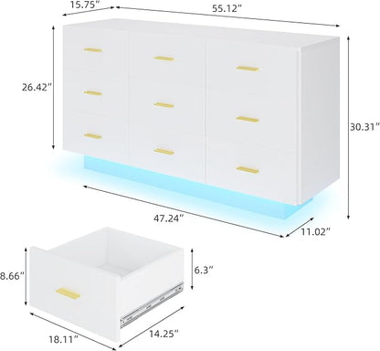 9 Drawer Dresser for Bedroom, 55'' W Highly Reflective Modern Chest of Drawers with LED Light, Wooden Dresser Organizer Cabinet for Living Room, Entryway (White)