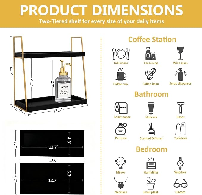 Coffee Bar Accessories, Black Gold Coffee Station Organizer for Countertop Decor, 2 Tier Large Wooden CoffeeBar Shelf for Office, Breakroom, Bathroom