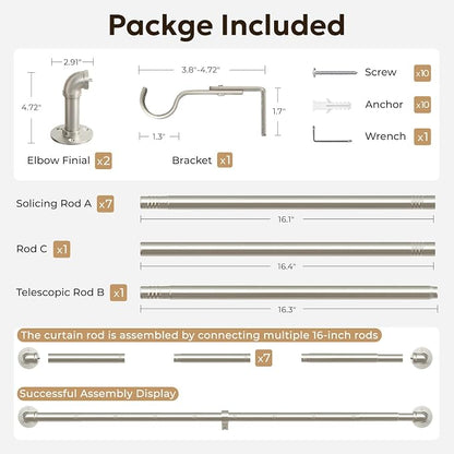 Zeerobee Curtain Rods for Windows 72 to 144, 1 Inch Industrial Wrap Around Brushed Nickel Curtain Rod, Indoor/Outdoor Room Divider Adjustable Drapery Pole, 72"-144"