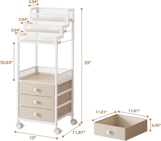 Makeup Organizer Storage with Drawers, 13 Inch Bathroom Stand Large Floor Rolling Skincare Organizer Cart, 3-Tier Vanity Tray Stand for Cosmetics, Nail Polish, Perfume Display Cases Holder