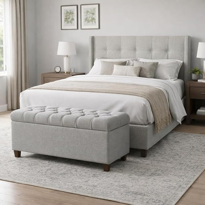 Homepop Home Decor Tufted Ainsley Button Storage Ottoman Bench with Hinged Lid Ottoman Bench with Storage for Living Room & Bedroom, Light Blue 18x40x18 Inches