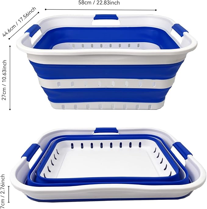 SAMMART 42L (11 gallons) Set of 2 Plastic Foldable Storage Basket/Container - Collapsible, Space Saving and Portable Laundry Hamper, Ideal for Home, Travel, Dorm (2, White/Dark Blue)