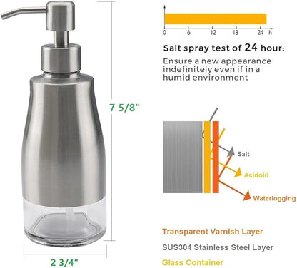 Gaussra Soap Dispenser with Coaster and Stickers, Brushed Nickel Stainless Steel Case Glass Liner Hand Pump Dispenser, Refillable Liquid Hand Soap Dispenser for Bathroom & Kitchen (11OZ / 320ML)