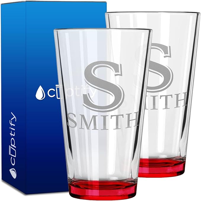 Personalized Beer Glasses Set of 2 Engraved Red 16oz Pint Glasses for Men & Women, Custom Drinking Gift for Birthdays, Weddings, Father’s Day & More