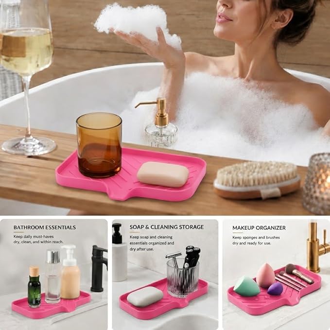 MicoYang Silicone Soap Dish with Drain Spout — Self-Draining Sink Organizer Tray for Bathroom & Kitchen, Sponges, Dispensers & Soap Holder, Non-Slip & Dishwasher Safe, Rose (Medium, 9.6"×5.3")