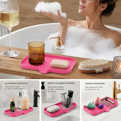 MicoYang Silicone Soap Dish with Drain Spout — Self-Draining Sink Organizer Tray for Bathroom & Kitchen, Sponges, Dispensers & Soap Holder, Non-Slip & Dishwasher Safe, Rose (Medium, 9.6"×5.3")