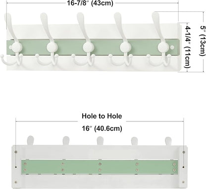 SKOLOO Coastal Wall Mounted Coat Rack - 16-7/8" Beach House Entryway Wooden Coat Hook with 5 Hooks for Hanging Coats, Hats or Towels, Oceanfront Cottage Core Collection, White & Green, Pack of 2