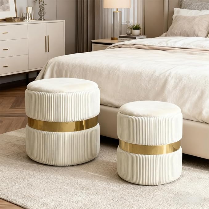 YYW HOME Velvet Round Ottoman with Storage Set of 2 for Livingroom Small Foot Stool Ottoman for Living Room Small Coffee Table Vanity Stool with Storage for Bedroom White